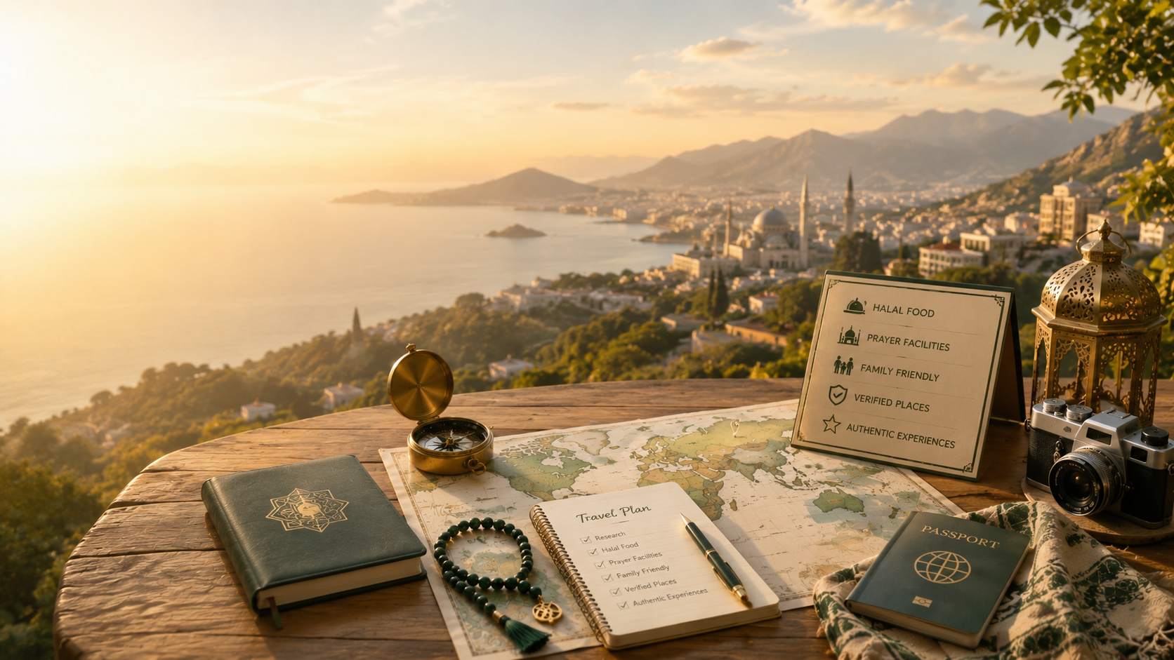 Travel planning essentials for halal-conscious trips — map, compass, prayer beads, and a checklist of what HalalTravelScout verifies: halal food, prayer facilities, family-friendly places, and authentic experiences