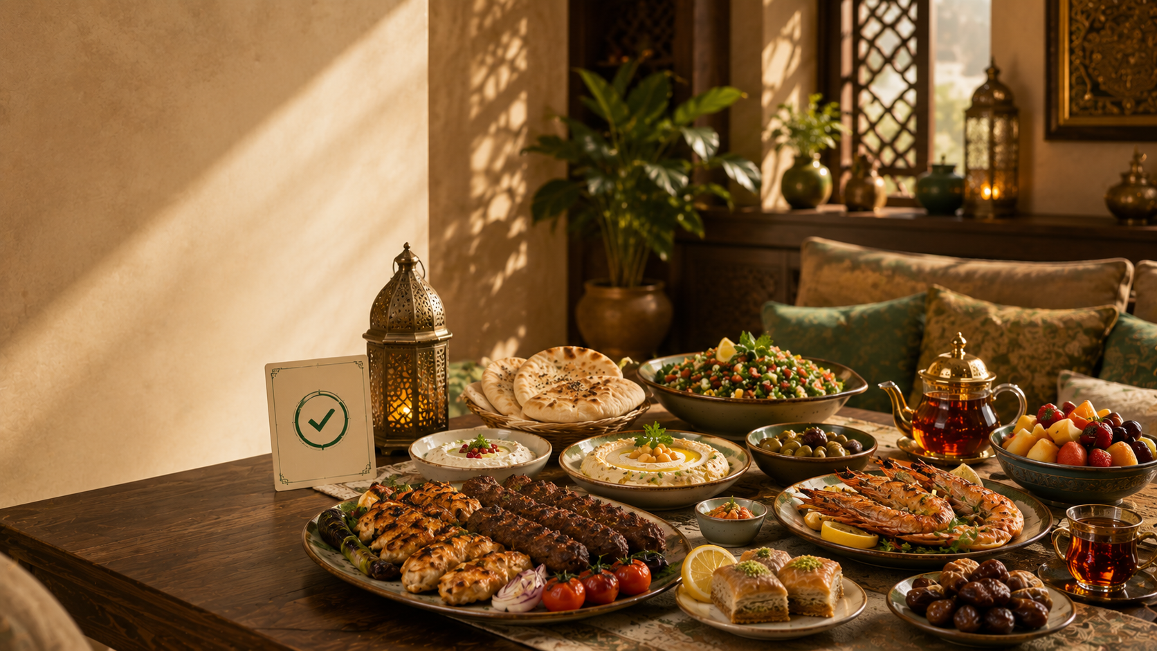 A spread of halal Middle Eastern and Mediterranean dishes — grilled kebabs, shrimp, hummus, tabbouleh salad, olives, baklava, dates, and tea — on a table, with a small verified checkmark card in the scene